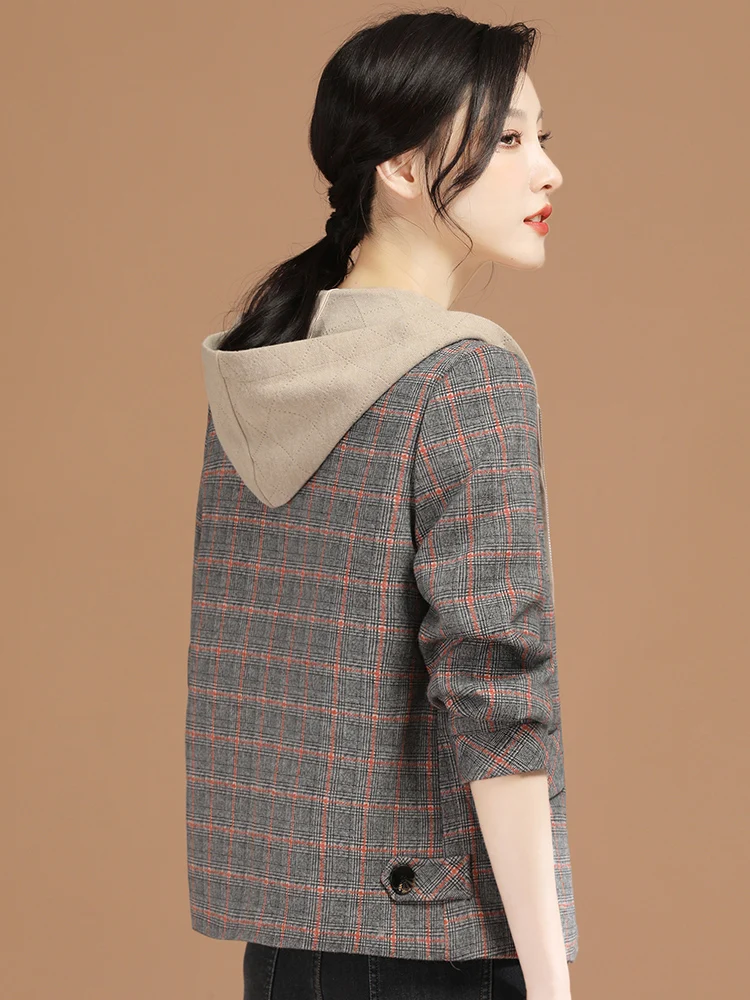 

Женская куртка с капюшоном HCXR, зимняя дизайнерская Повседневная Толстая шерстяная куртка с длинным рукавом, свободная теплая верхняя одежда в клетку на молнии в стиле ретро, 2023