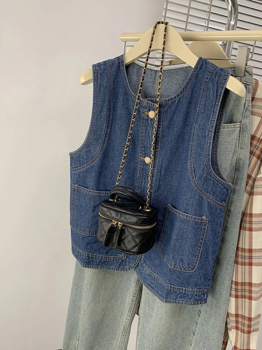 Универсальный модный многослойный жилет в стиле ретро синий женский дизайн