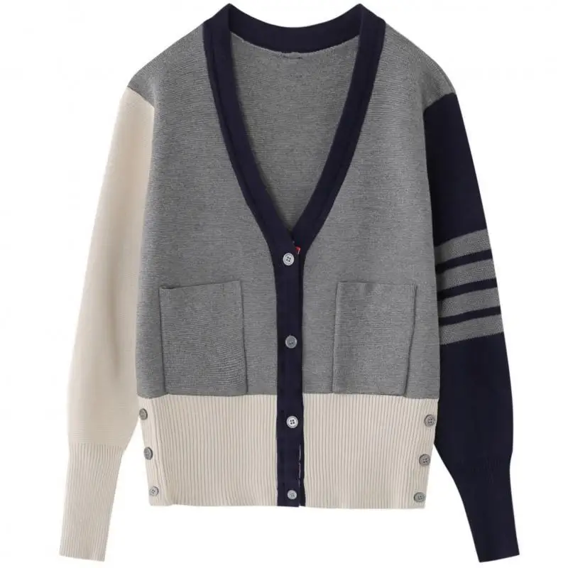 New Women Girl Fall Winter Cardigans Full Sleeve Knitted Sweaters V Neck Basic Knitwear Patchwork Loose Cardigans Tops