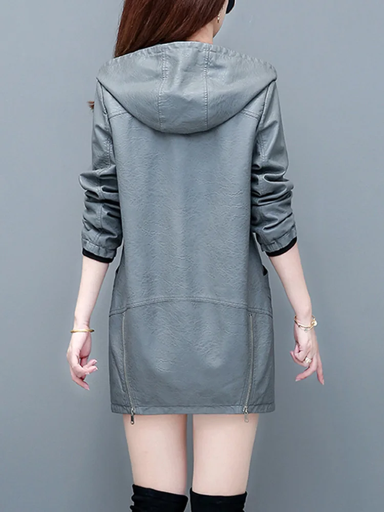 New Women Hooded Leather Jacket Spring Autumn Casual Fashion Long Sleeve Loose Sheepskin Coat Mid-Long Outerwear Split Leather