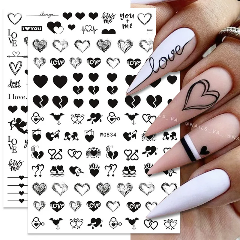 

1 Pcs 3D Nail Stickers Black Heart Love Self-Adhesive Slider Letters Nail Art Decorations Nail Decals Manicure Decorations Tools