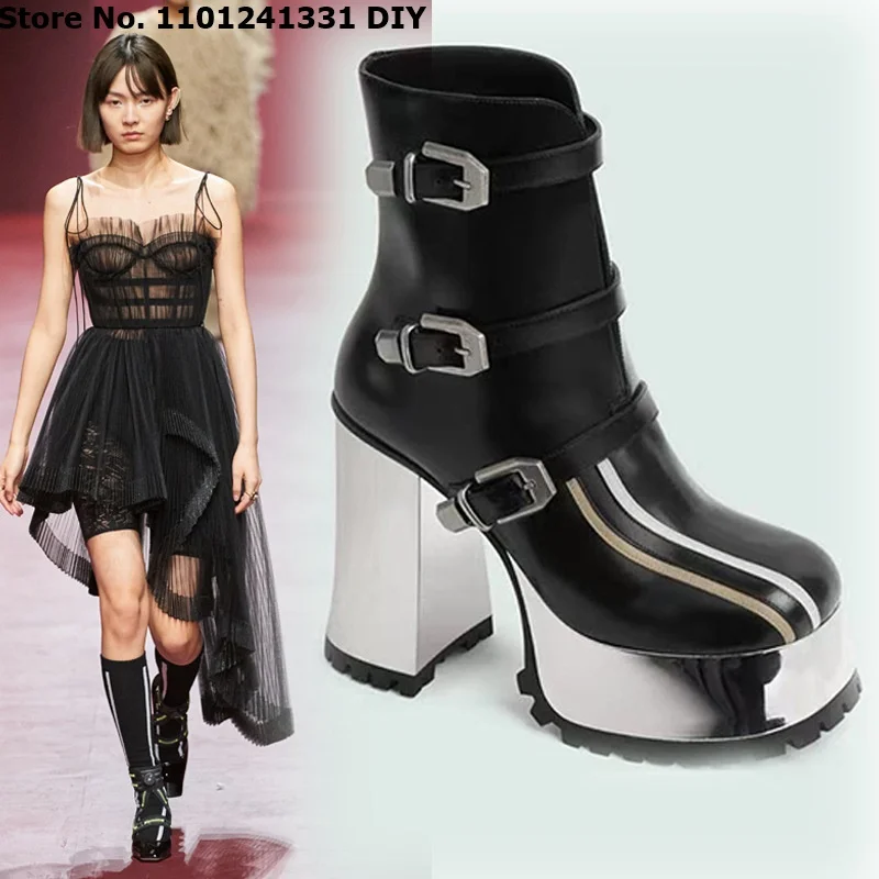 Buckle Straps Design Thick Platform Real Cow Leather Black Color Short Boots Women Autumn Winter Mid Calf 11Cm Heeled Boots