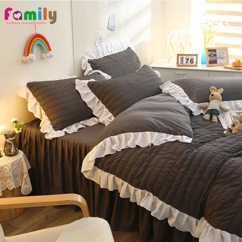 

Korean Princess Duvet Cover Seersucker Bed Skirt Quilt Cover Flouncing Comforter Bed Sheet Pillowcase Twin Queen King 4pcs Set