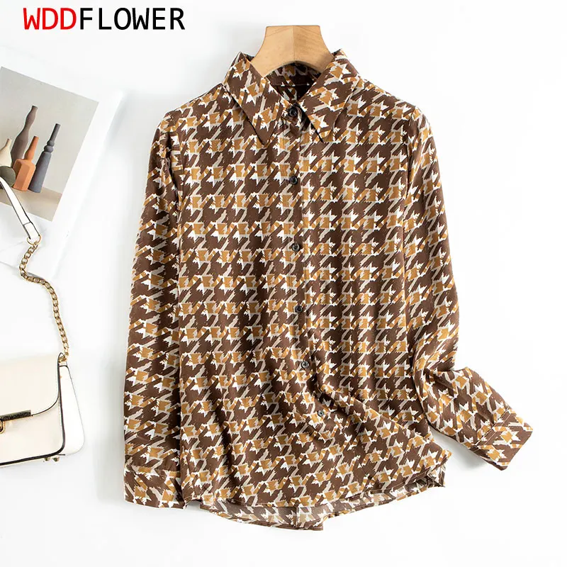 

Women Silk Shirt 100% Mulberry Silk Crepe Silk 16 Momme Coffee Houndstooth Printed Long Sleeve Blouse Top Office Work ZY003