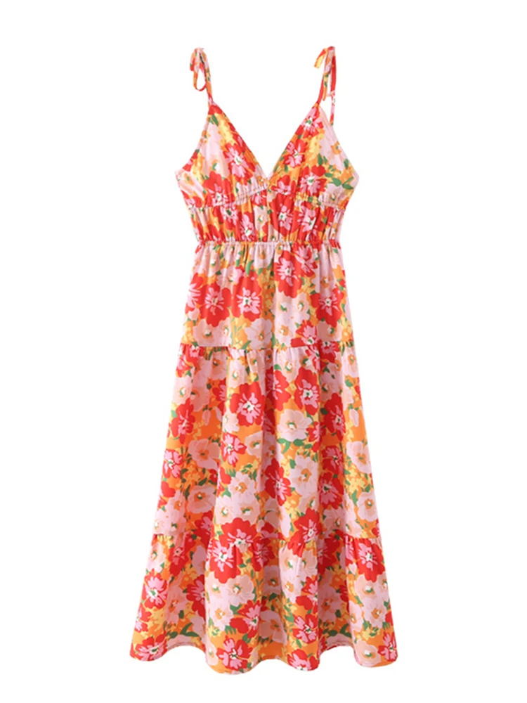 

YENKYE Summer Women Sexy Backless Bow Lace Up Floral Print Dress Ladies V Neck Sleeveless A-line Midi Boho Dress Holiday Robe