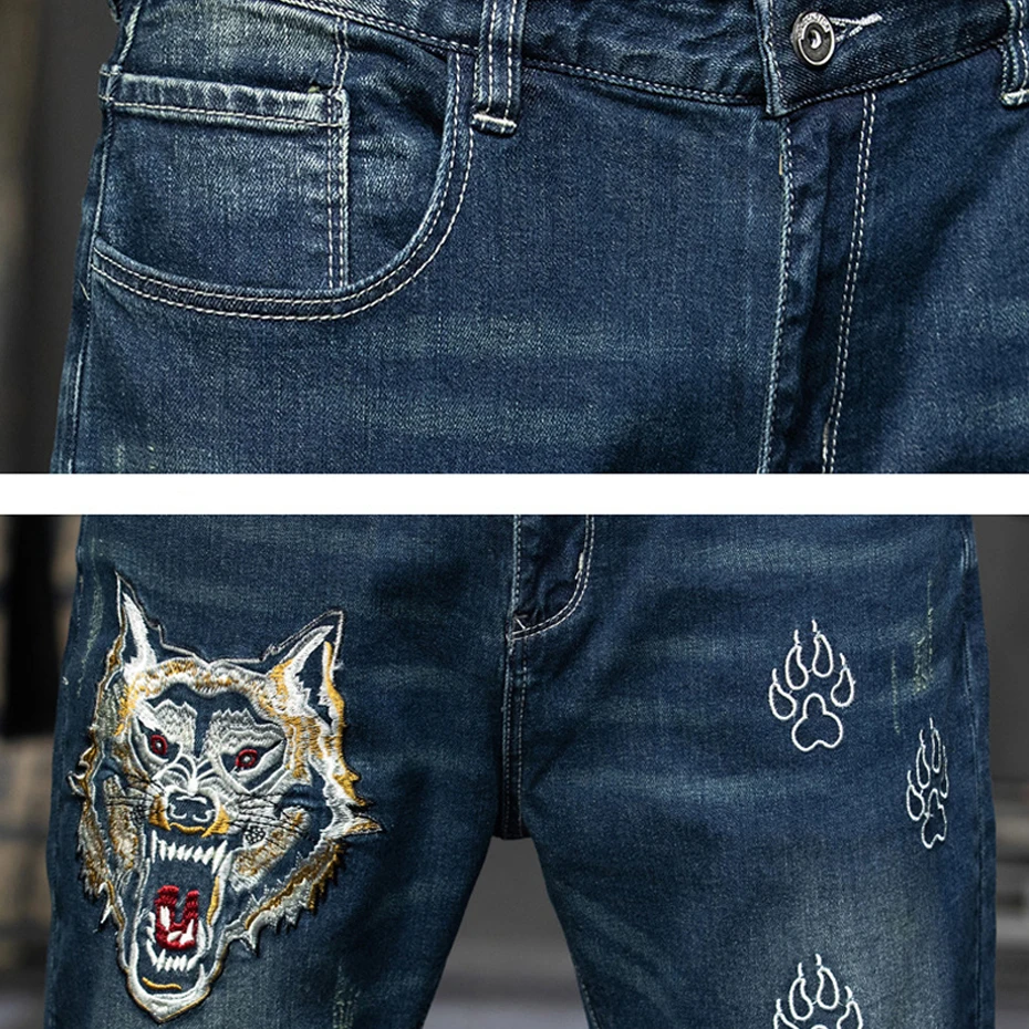 Wolf Embroidery Jeans Men Streetwear Denim Pants Fashion Jeans Pants Plus Size 40 42 44 Trousers Male Bottoms