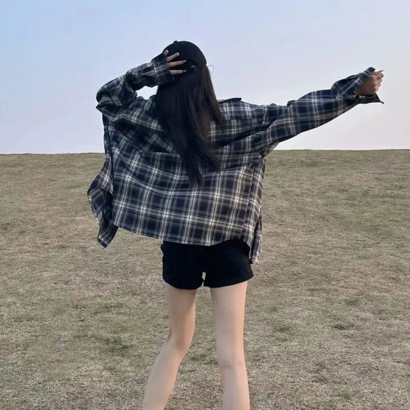 Темно-синие клетчатые блузки Женская мода с длинным рукавом Однобортная