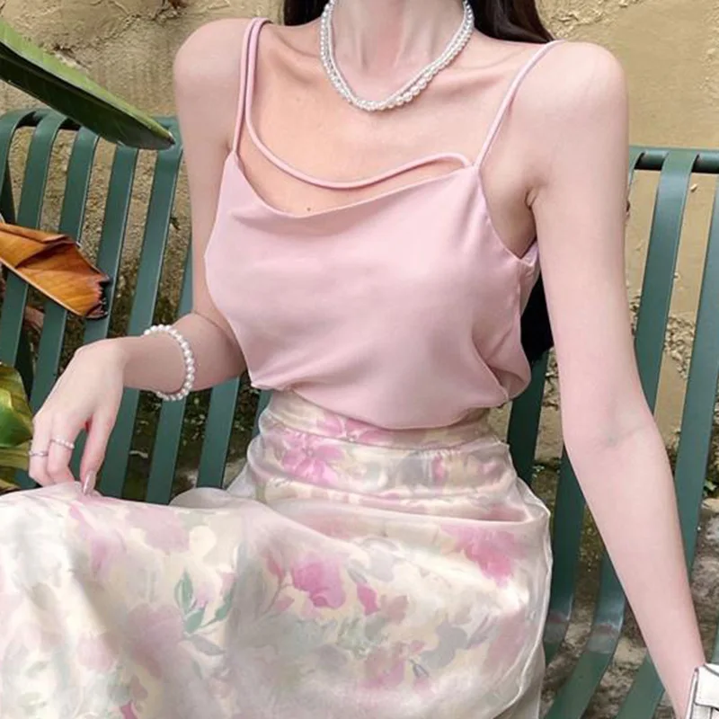 

2022 Summer Women's Gentle Elegant Two Piece Set Satin Solid Color Suspenders + High Waist Midi Skirt Suit Casual 2 Pieces Set