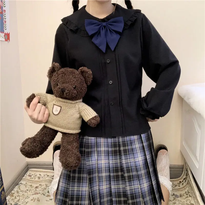 QWEEK Black Shirt Women Kawaii Peter Pan Collar Blouses Button Up Long Sleeve Cute Ruffle Tops Lolita Style Goth Girl Aesthetic