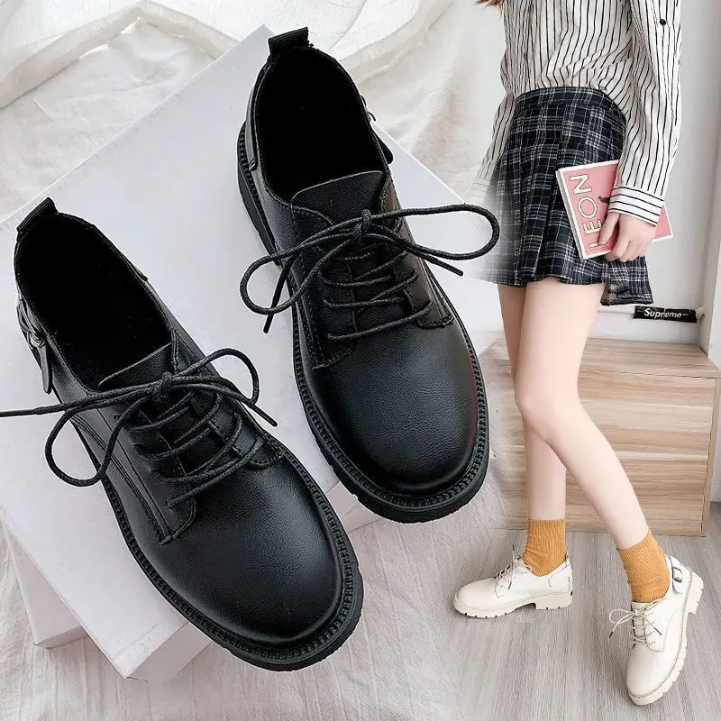 

Women PU Leather Casual Fashion Lace Breathable Solid Shoes Female British Style Elegant Dress Leisure Loafers Zapatos De Muje