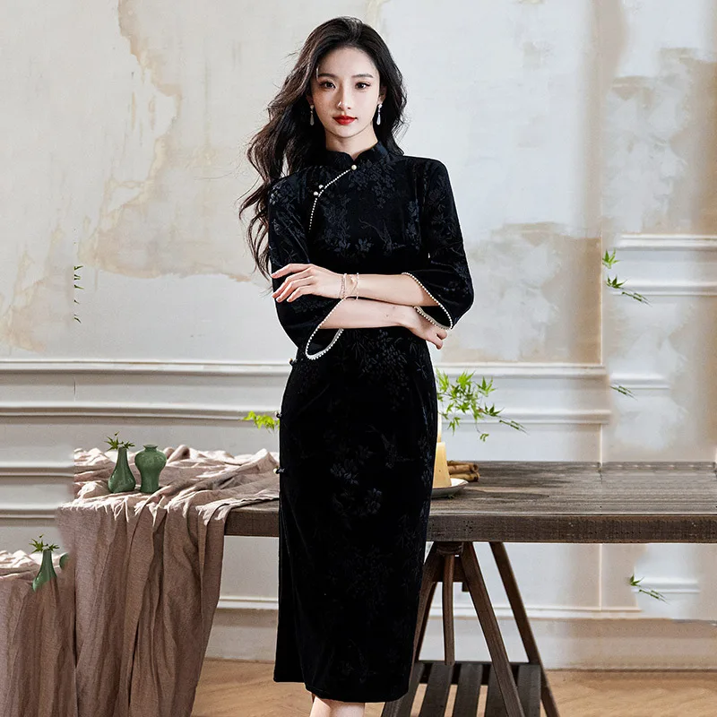 Черное бархатное длинное платье Cheongsam в китайском стиле новое облегающее