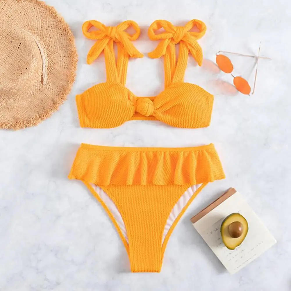 

2Pcs/Set Attractive Vibrant Color Summer Bikini Set Lady Swimwear Ribbed Straps