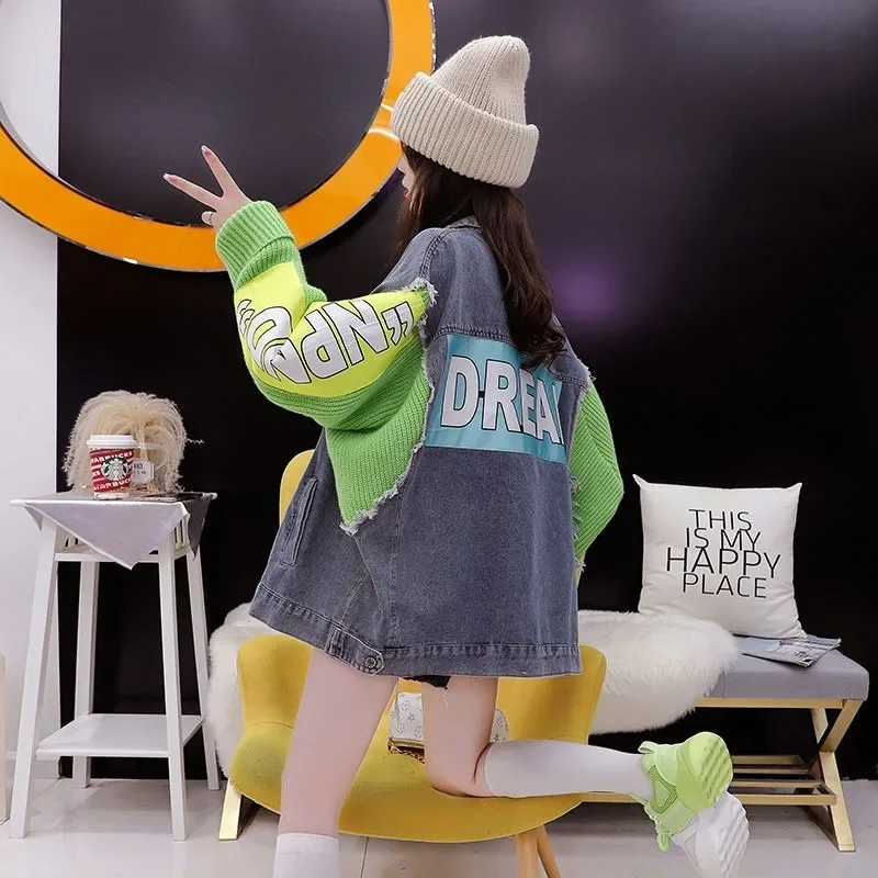 Модный женский джинсовый свитер Hikigawa в стиле пэчворк уличная одежда