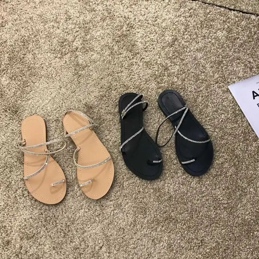 2023 Summer New Fashionable Sandals with Water Diamond Slippers, Flat Bottom Comfortable for Female Outwear