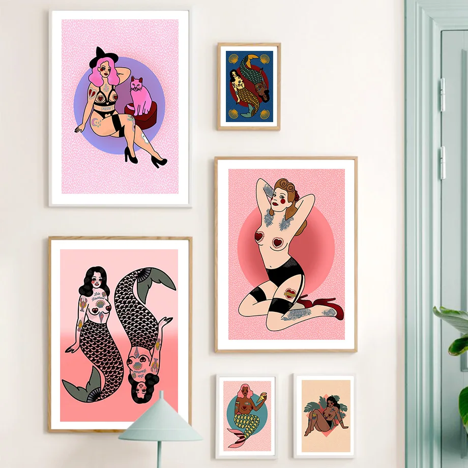 Розовый Леопард Девушка Феминизм Русалка Ретро Настенная Картина на Холсте