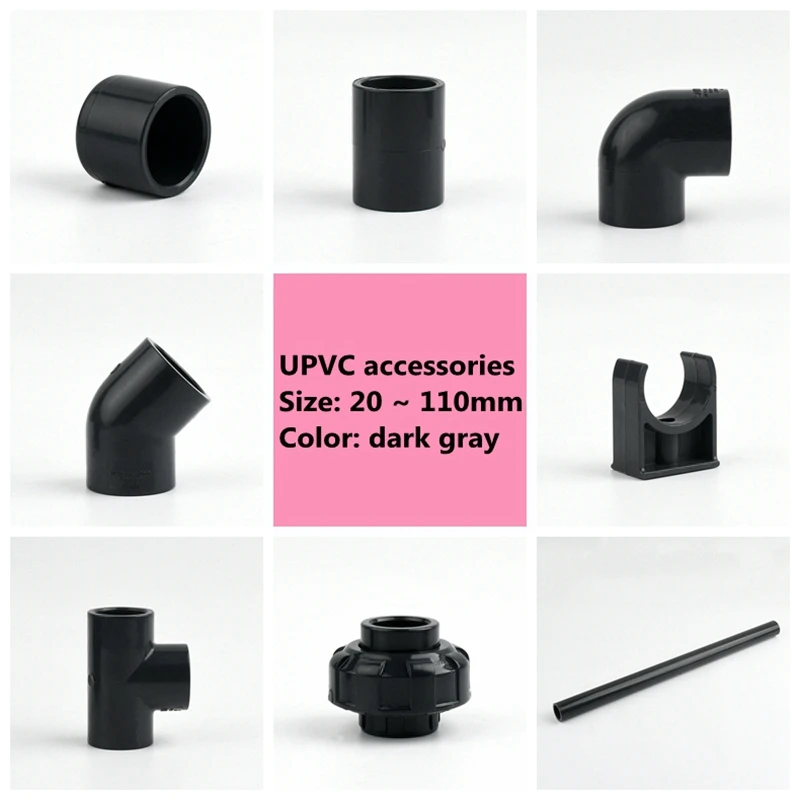 

1Pc I.D 20~63mm Dark Grey PVC Pipe End Cap UPVC Direct 90 Degree Elbow Aquarium Garden Irrigation Tee Water Tube Joint Fittings