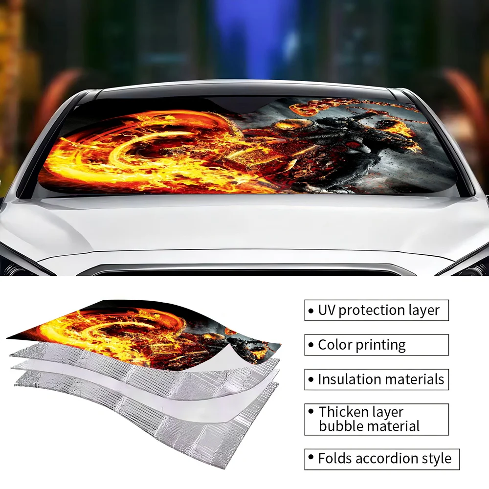 Фото Новый ужас G-ghost Rider, лобовое стекло автомобиля, забавный солнцезащитный козырек, складной солнцезащитный козырек с УФ-лучей, солнцезащитный козырек для переднего окна №2