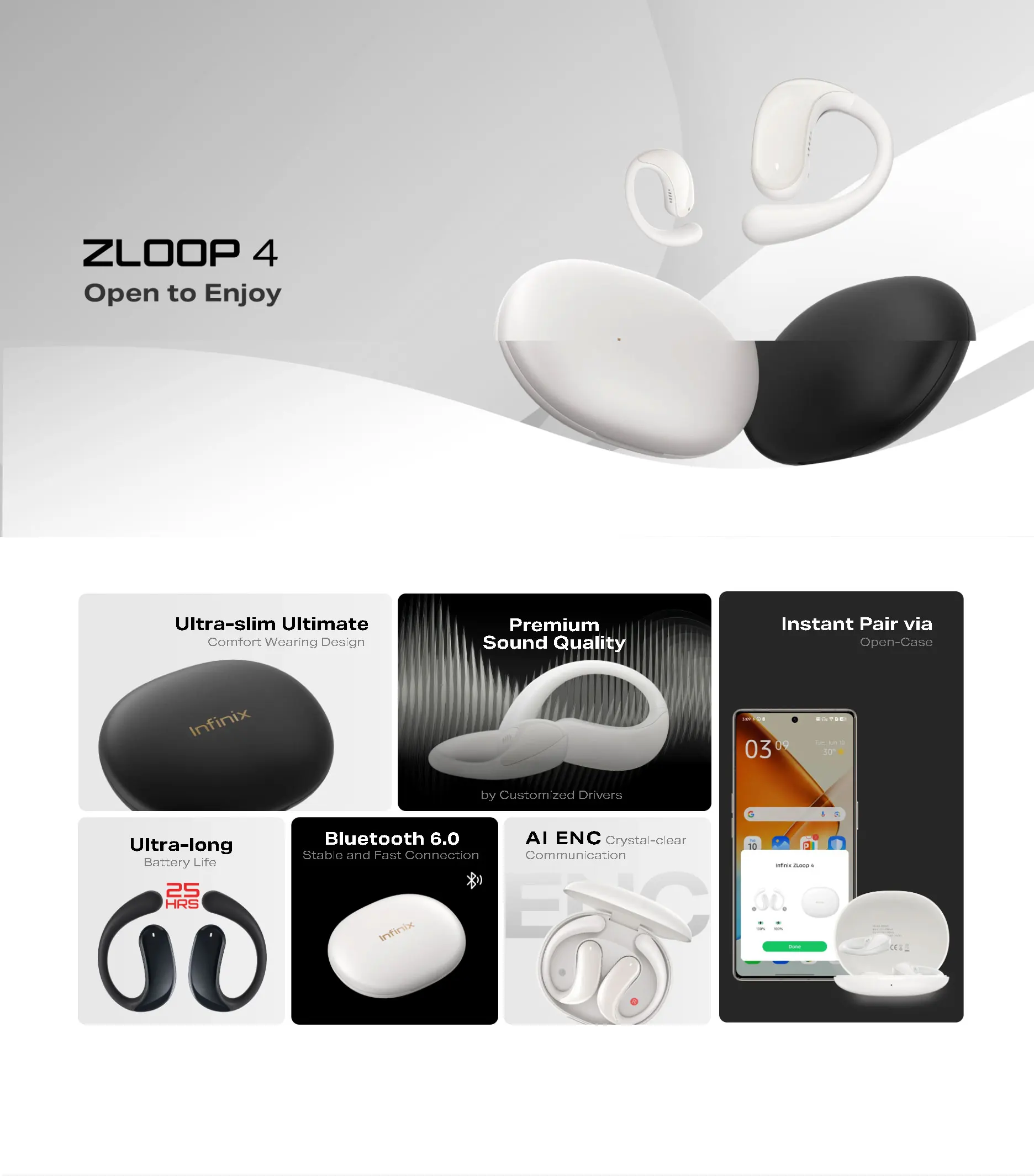 Фото Infinix ZLOOP 4, беспроводные наушники TWS с открытыми наушниками, Bluetooth 6,0, AI ENC, вызовы, драйвер 16x10 мм, аккумулятор 25 часов, IP54, автоматическое сопряжение №2