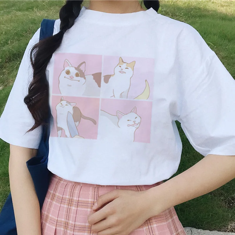 

Summer Women Cartoon Cat Short Sleeve Casual Print Tops Tee Ulzzang Clothes Kawaii Harajuku College Style Vintage Female T-shirt