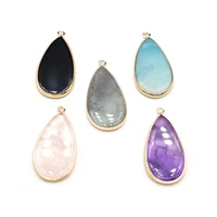 natural stone pendants water drop shape golden edge crystal agate stone charms for jewelry making necklace bracelet earrings