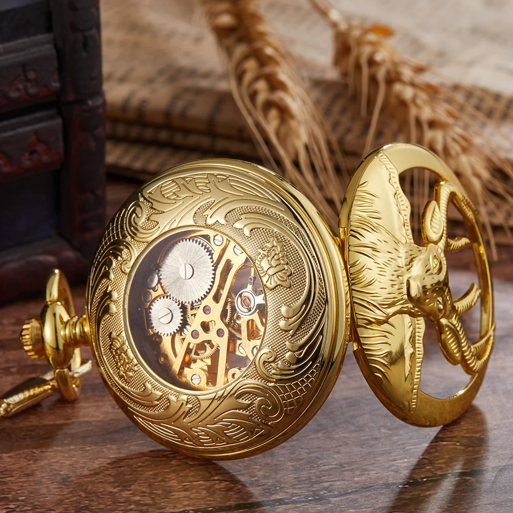 Golden Silver Mechanical Pocket Watch Male Animal Goat Clock Steampunk Hollow Luxury Pendant Necklace Fob Chain Men reloj hombre