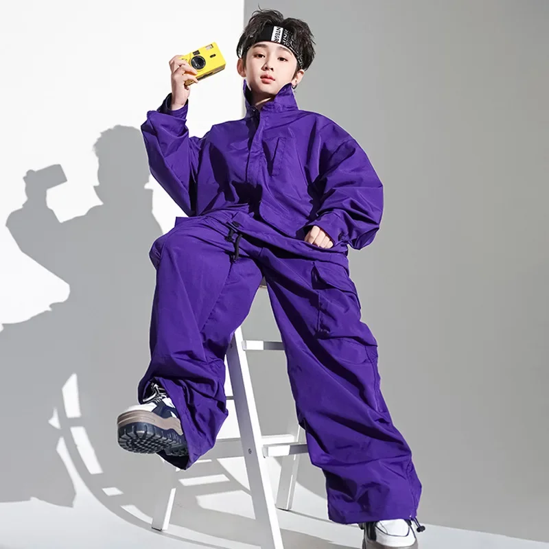 Фото Детская одежда в стиле K-pop и хип-хоп: фиолетовая легкая куртка, широкие брюки карго для девочек и мальчиков, костюм для джазовых танцев №3