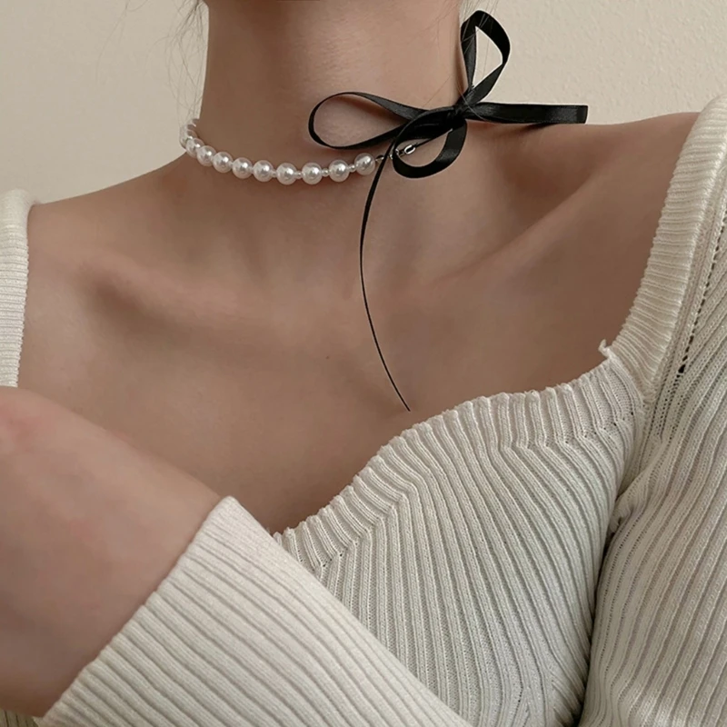 

M2EA Vintage Pearl Choker Necklace Long Ribbon Bowknot Neck Tie Chain Elegant Collar Necklace Jewelry Gift for Women Girls