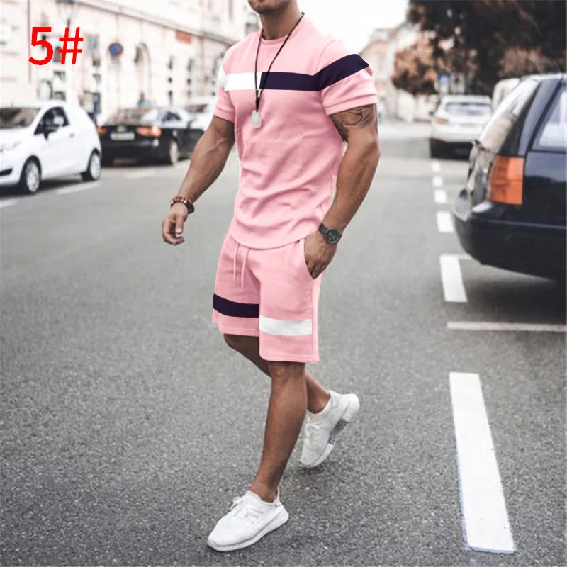 2Pcs Summer Men's Fashion Short Sleeve Shorts Set Matching Color Sports Casual Loose Round Neck T-shirt Short Pants Men Clothes