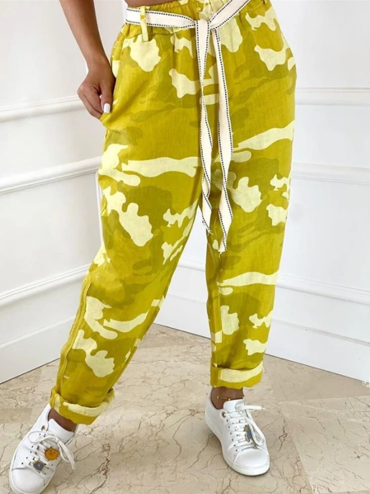 

Fashion Camouflage Dots Printed Sweatpants Spring Elegant Elastic Waist Lace-Up Pants Summer Women Casual Pocket Loose Trousers