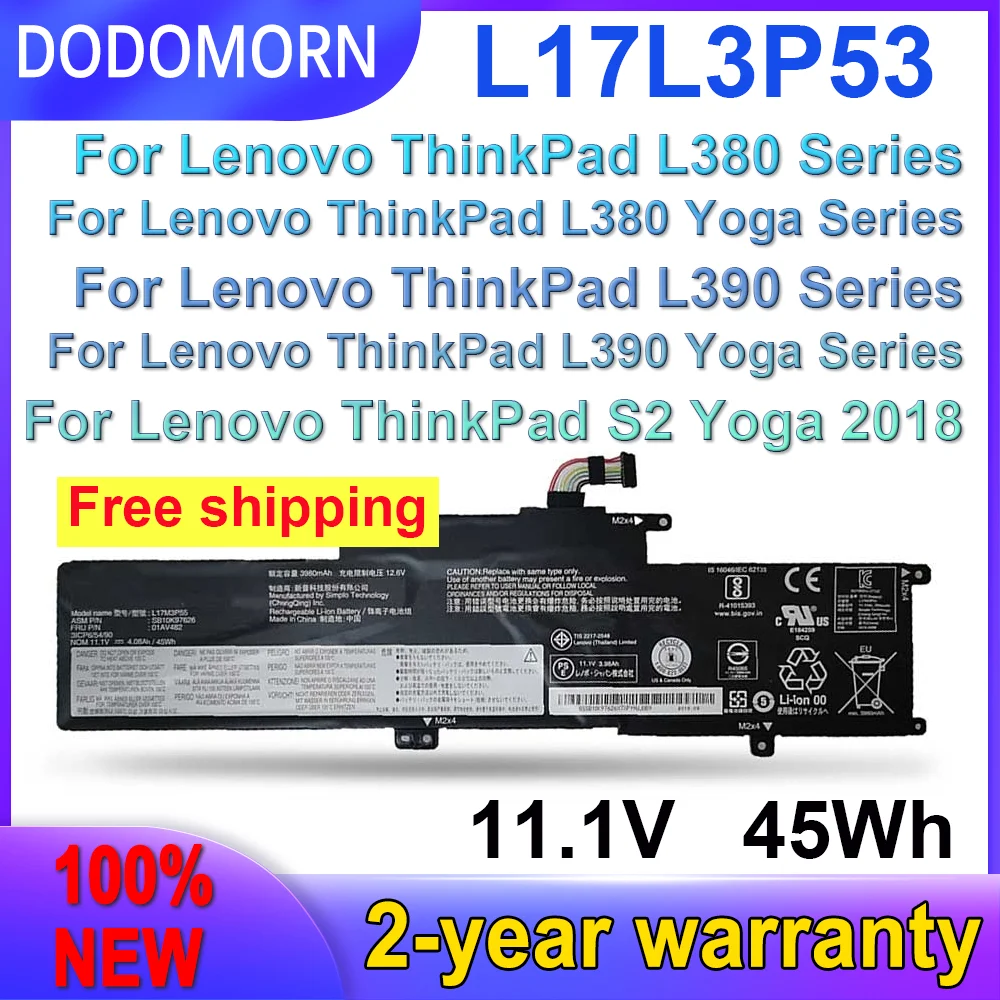 DODOMORN 100% New L17L3P53 4050mAh Battery For Lenovo Thinkpad S2 Yoga L380 L390 2018 Series 01AV481 01AV483
