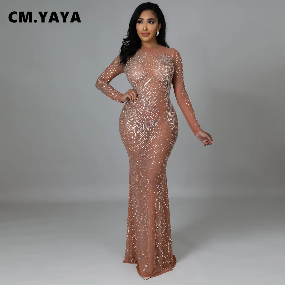 Женское Сетчатое Прозрачное платье макси CM.YAYA с длинным рукавом и стразами