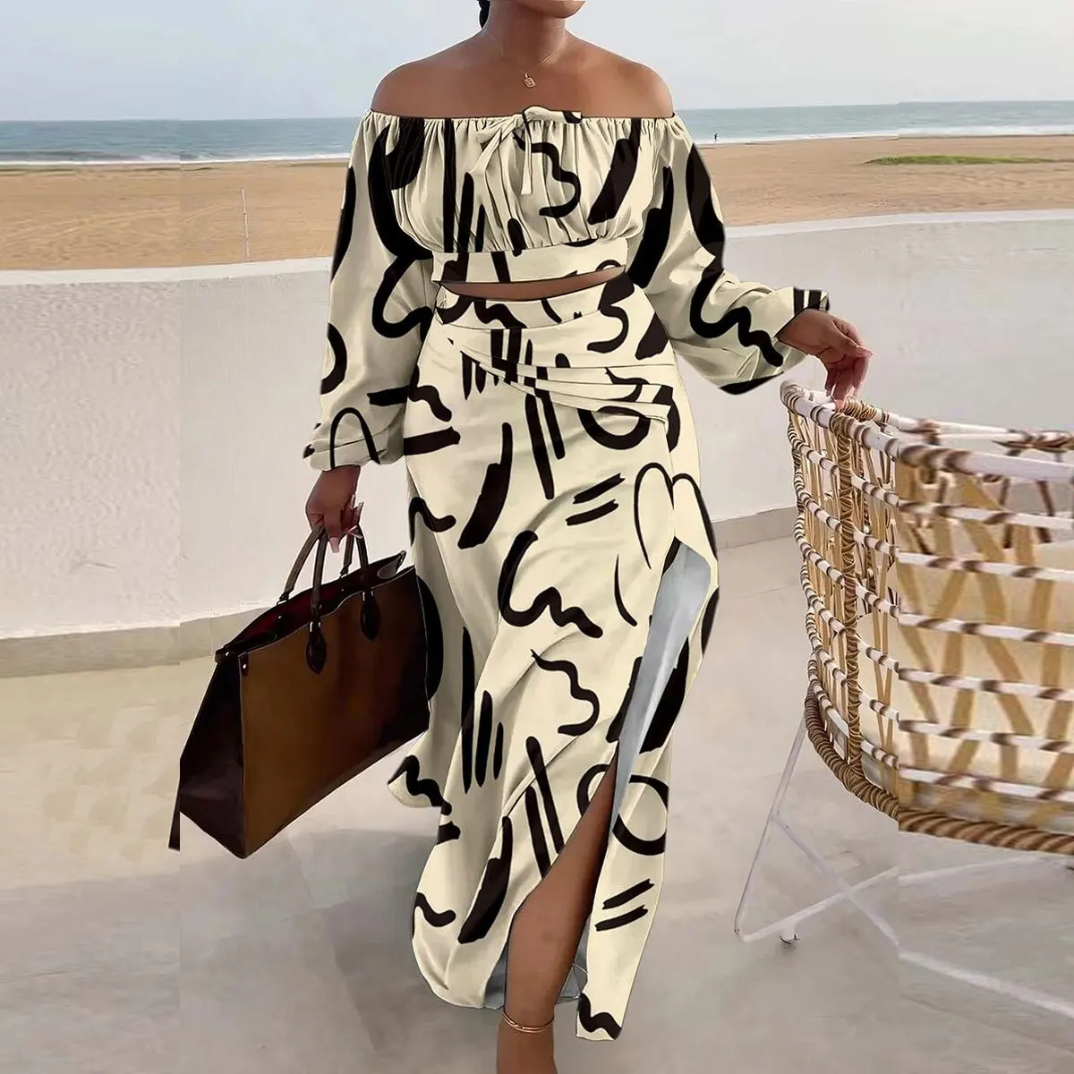 

Printed Women's Set Off Shoulder Long Sleeve Draped Blouse and Side Split Maxi Skirt 2023 Two 2 Piece Set Outfit