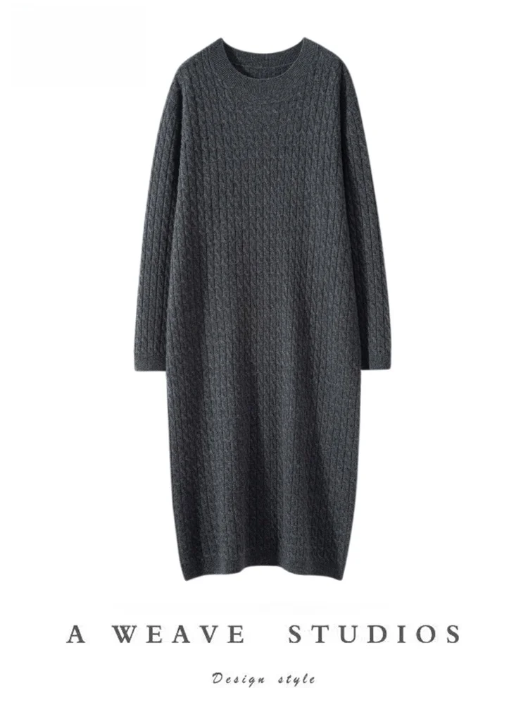Осень-зима 2023 женское 00% чистое кашемировое платье с круглым вырезом витое