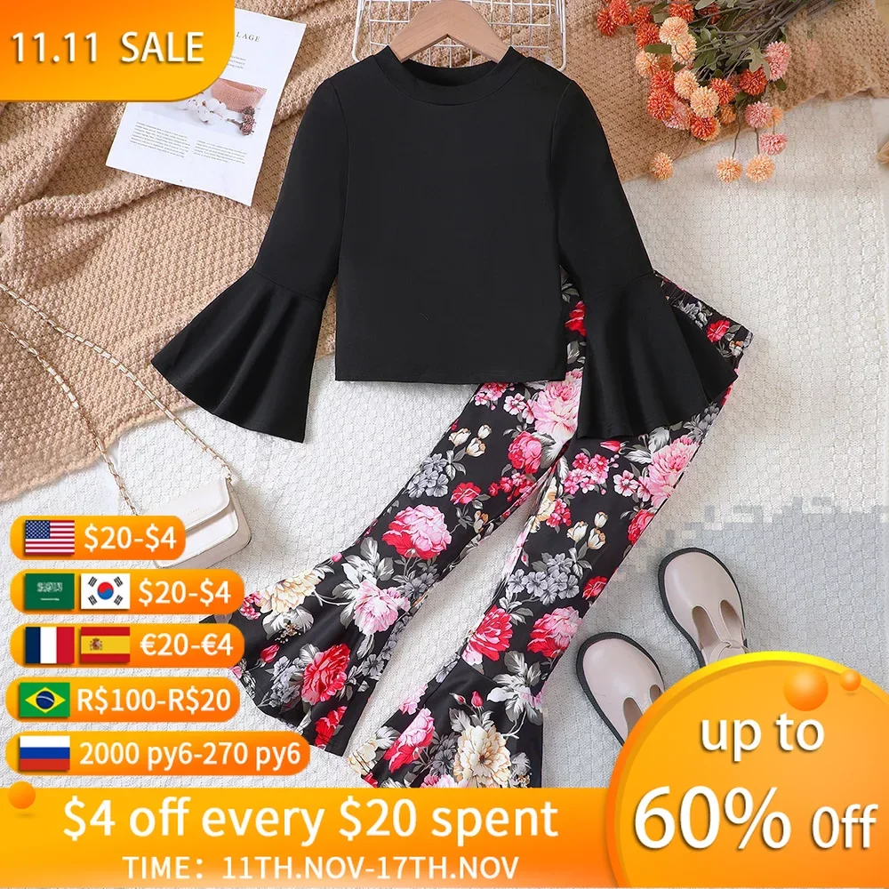 

Girls Spring Autumn Clothes 2Pcs Teen Kids Underlay Shirt+Flower Flare Pants Suits