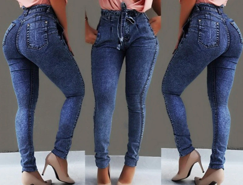 2022 New Fashion Mid Waist Slim Belt Skinny Denim Trousers Ladies Jeans Women's Clothing