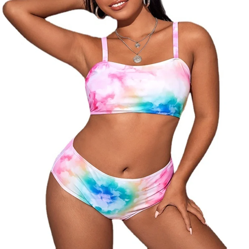 

2022 New Plus Size Bikini Set Tie-Dye Strap Shoulder Tied High Waist Large Size Swimsuit Split Swimsuit