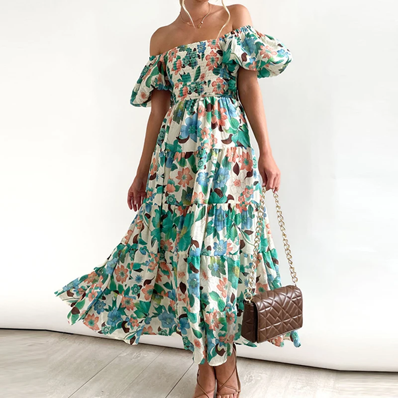 

Sexy Women Off Shoulder Elastic Waisted Pleated Dresses 2023 Summer Long Dress Chic Puff Short Sleeve Floral Print Party Dress