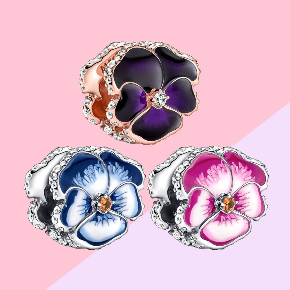 Pandora-Bracelet à breloques fleur de pansy pour femme, bleu, violet, rose, cadeau de bricolage exécutif, fête d'anniversaire