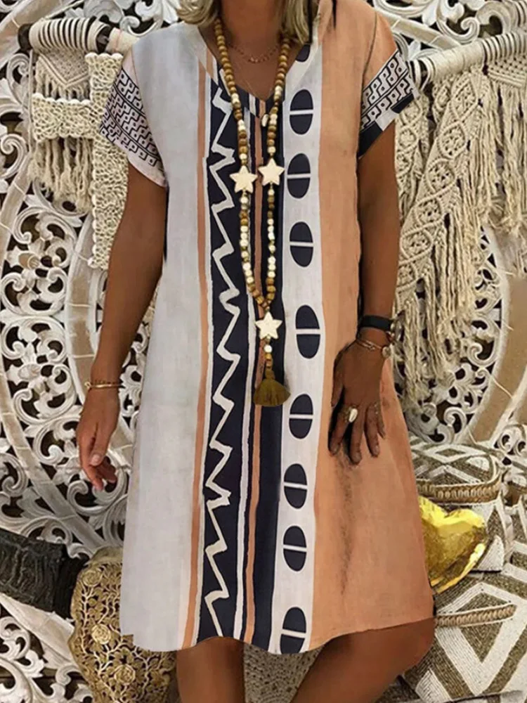 

2022 Vintage Ink Painting Print Midi Dress Summer Grace V Neck Short Sleeve Pullover Dress Ladies Bohe Casual Beach A-Line Dress