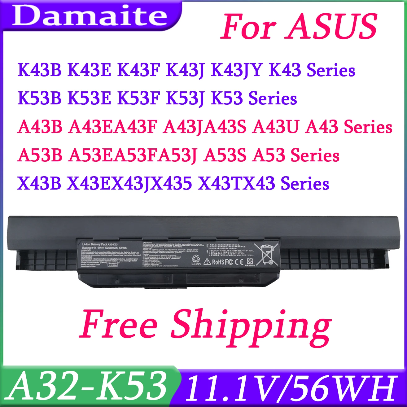 A32-K53 Аккумулятор для ноутбука 5200 мАч ASUS K43 K43E K43J K43S K43SV K53 K53E K53F K53J K53S K53SV A43 A53S A53SV A41-K53