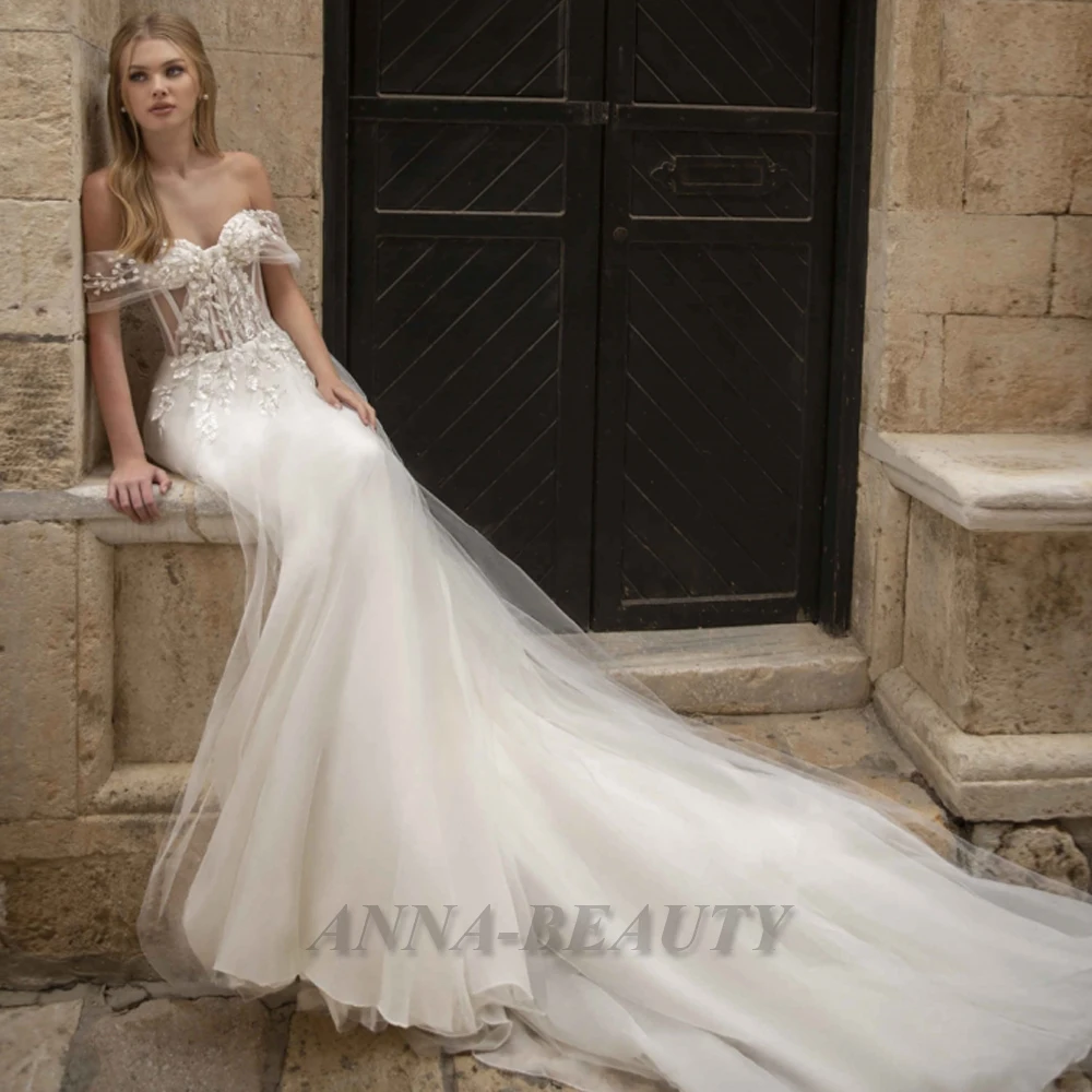 

Anna A Line Wedding Gowns for Women 2023 Bride Elegant Sweetheart Off The Shoulder Tulle Appliques Court Train Vestidos De Novia