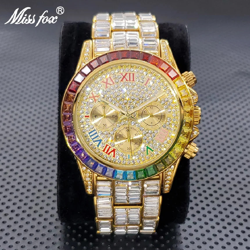 

Colorful Diamond Bezel Watch For Men Hip Hop Iced Out Gold Plated Chronograph Watches Unique Fashion Stainless Steel Bling Clock