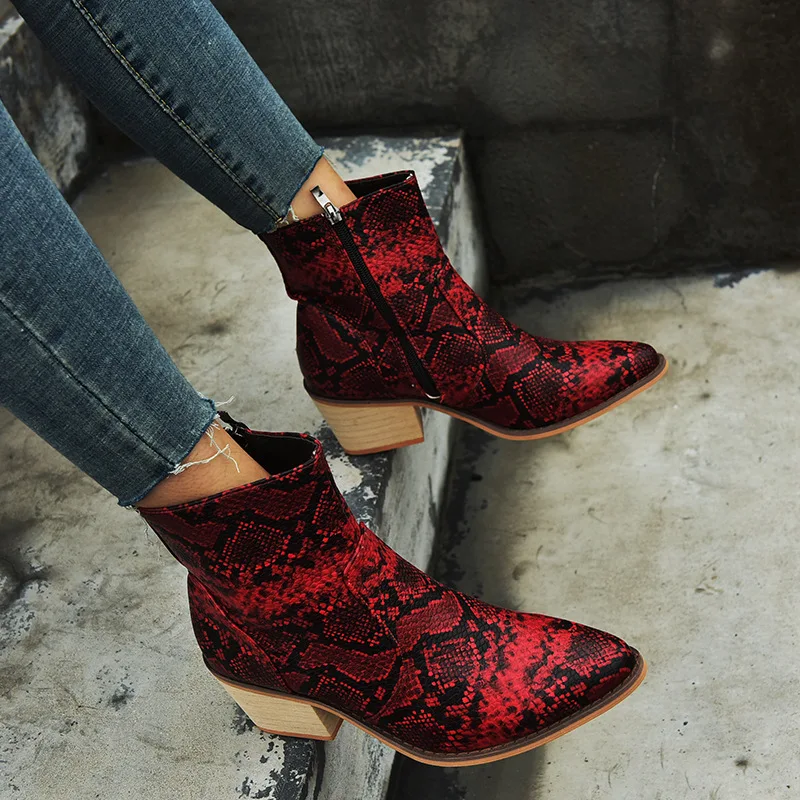 

Women's Martin Boots Fashion Sexy Snake Print Chunky Heel Ankle Boots Simple Side Zipper Comfortable Casual Shoes Bota Feminina