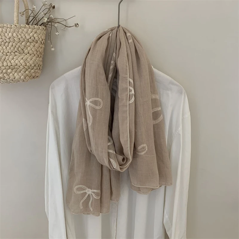 Осень-зима 2024 хлопковая тонкая шаль с бантом однотонная простой художественный