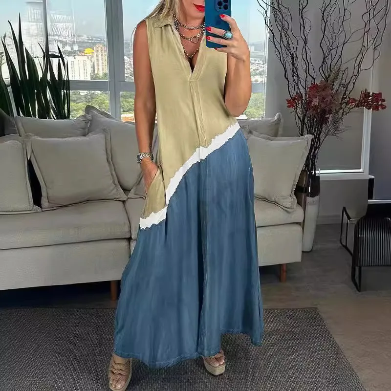 Женское длинное платье с V-образным вырезом без рукавов