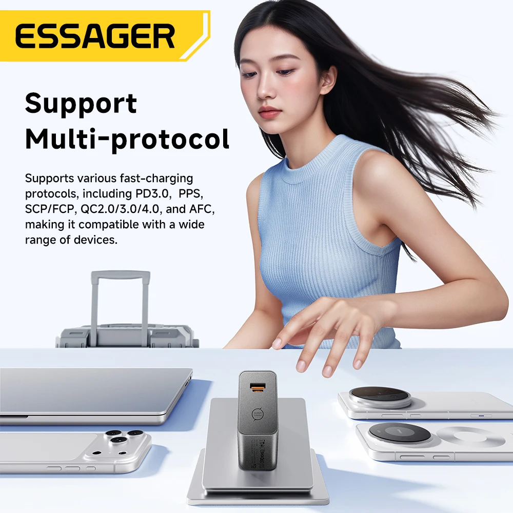 Зарядное устройство ESSAGER 65W GaN 2-в-1 USB Type-C: полностью совместимое, быстрая зарядка для iPhone 17, Samsung S26, MacBook, ноутбуков Huawei (art.: 3920da253f973) - 3920da253f973