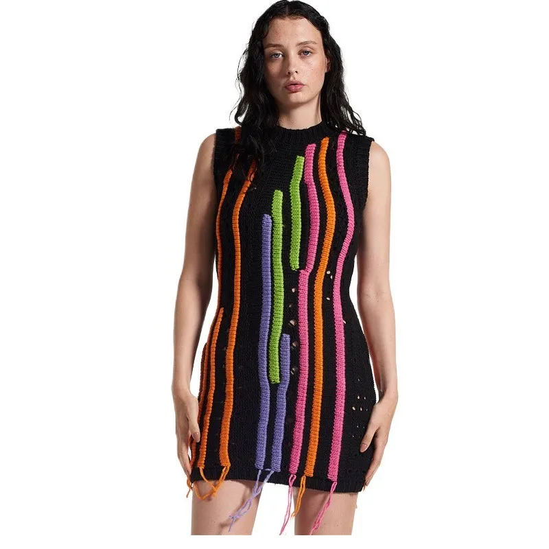 

African Dress Street Style Fashion Fringe Sleeveless Slim Splicing Wool Hollow Breathable Short Dress 2023 Spring Summer New L