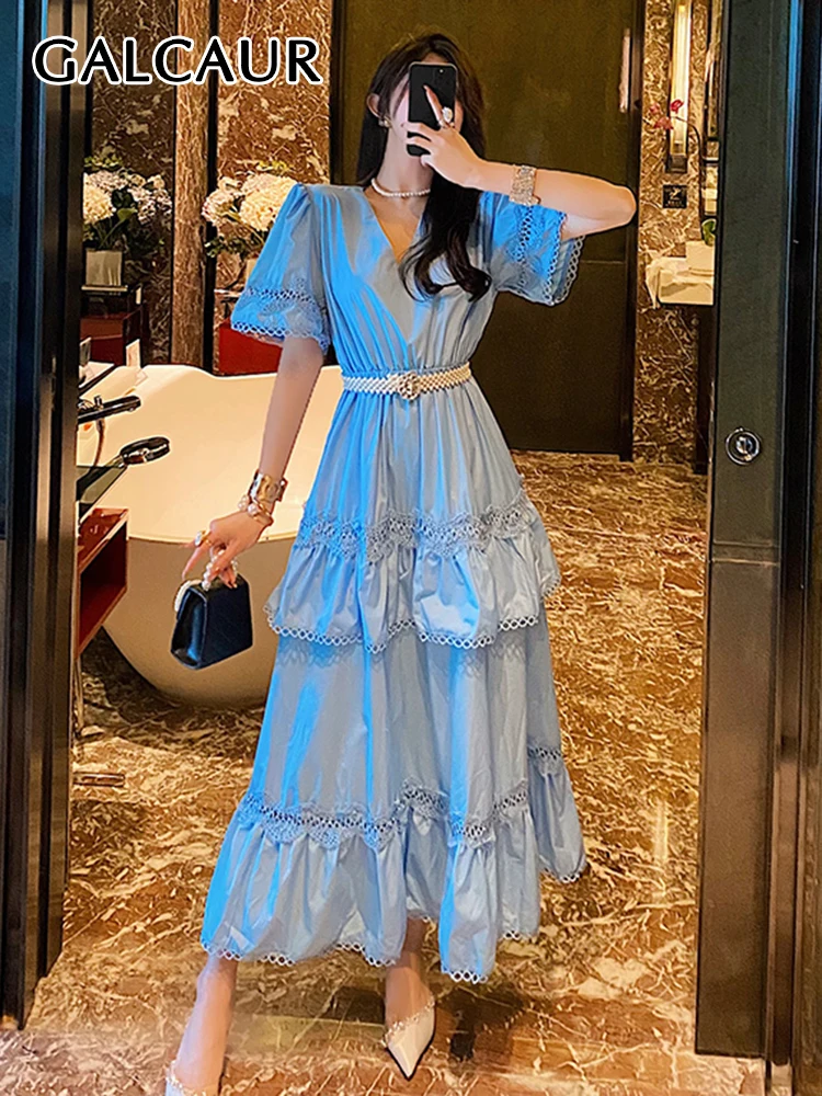 

Платье GALCAUR женское с V-образным вырезом, минималистичный пуловер с коротким рукавом, с завышенной талией, в стиле пэчворк, с оборками, одежда на лето, 2023