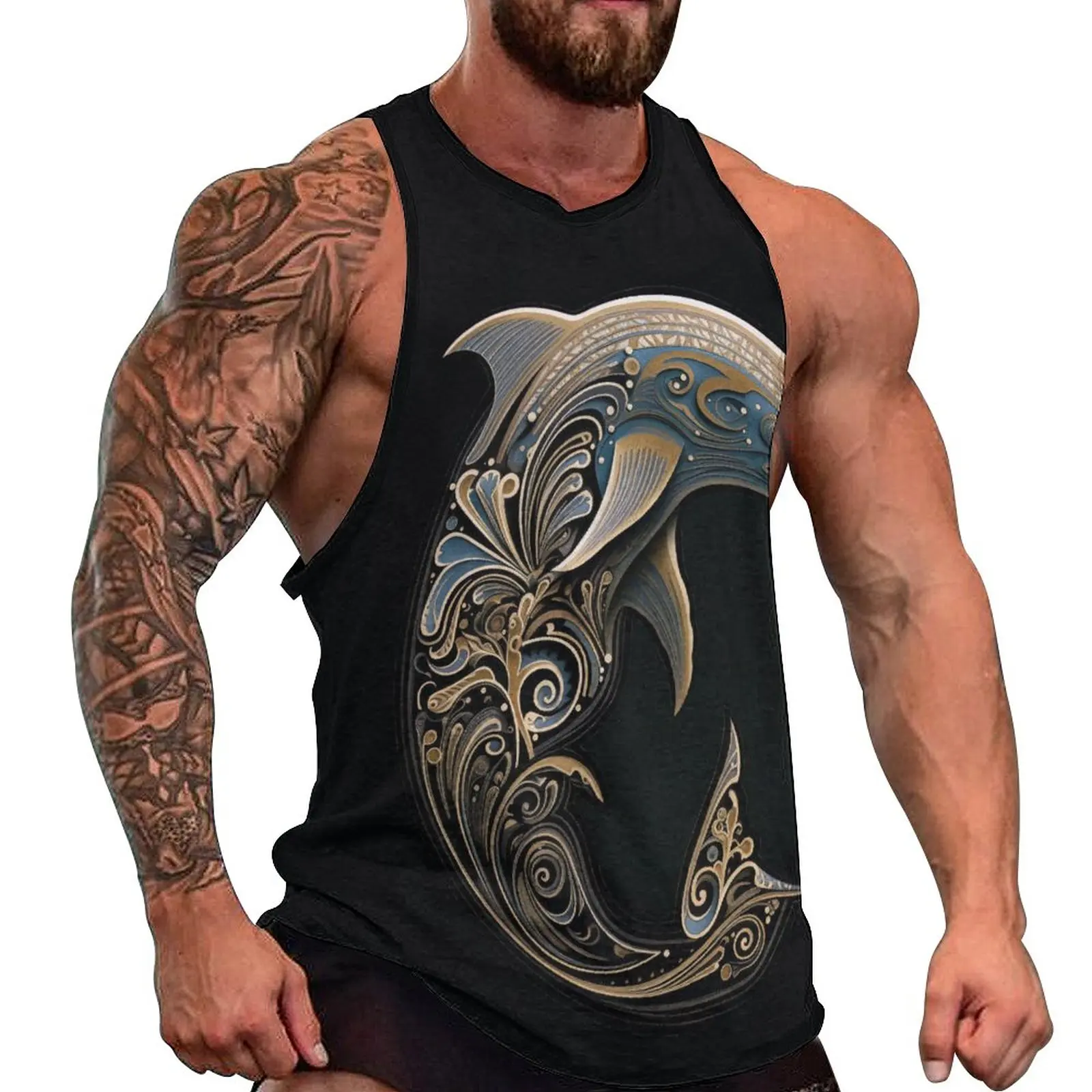 

Dolphin Tank Top Man Religious Art Intricate Lines Vintage Tops Summer Bodybuilding Graphic Sleeveless Vests Plus Size 4XL 5XL