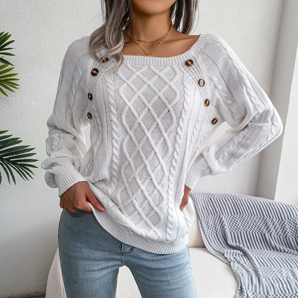 

Women 2023 New Autumn Winter Casual Square Neck Button Fried Dough Twist Knit Pullover Sweater For Fashion
